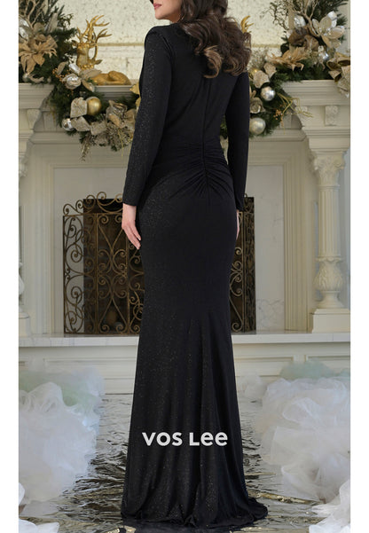 Long Sleeve V Neck Floor-Length Ruched Mermaid Mother of Bride Dresses