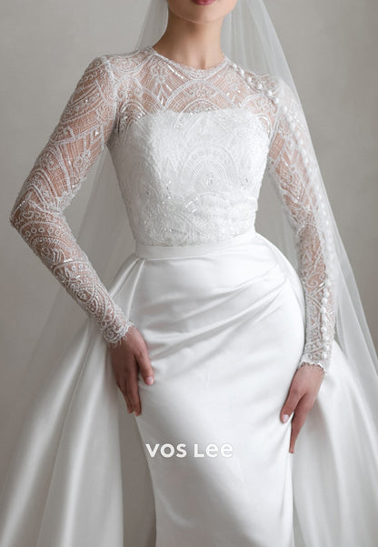 Long Sleeve Scoop Illusion Neck Appliques Wedding Dresses with Court Train