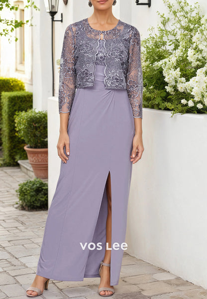 3/4 Sleeve Two Pieces Square Appliqued Lace Ankle-Length Mother of Bride Dresses