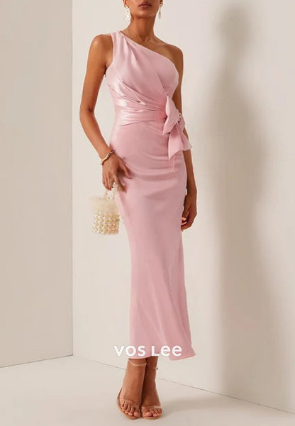 Pink One Shoulder Pleated Bowknot Sheath Ankle-Length Wedding Guest Dresses