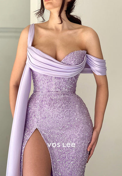 Sexy Asymmetrical Neck Fully Sequined Pleated Mermaid Evening Dresses Prom Dresses