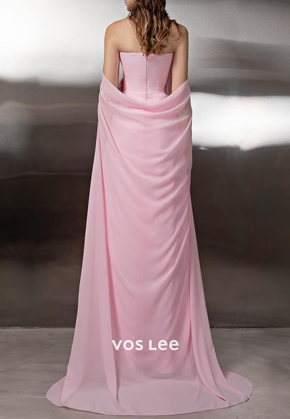 Chiffon Strapless Floral Embellished Pleated Sheath Prom Dresses