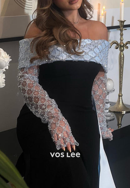 Long Sleeve Off the Shoulder Sequined Beaded Embellished Mermaid Evening Dresses