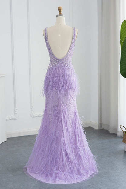 Sexy V Neck Mermaid Evening Dress Sheath With Feathers Open Back