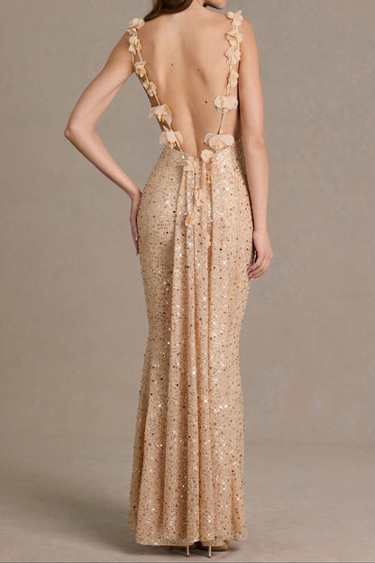 Champagne Gold Sequin Embroidered Backless Mermaid Evening Gown