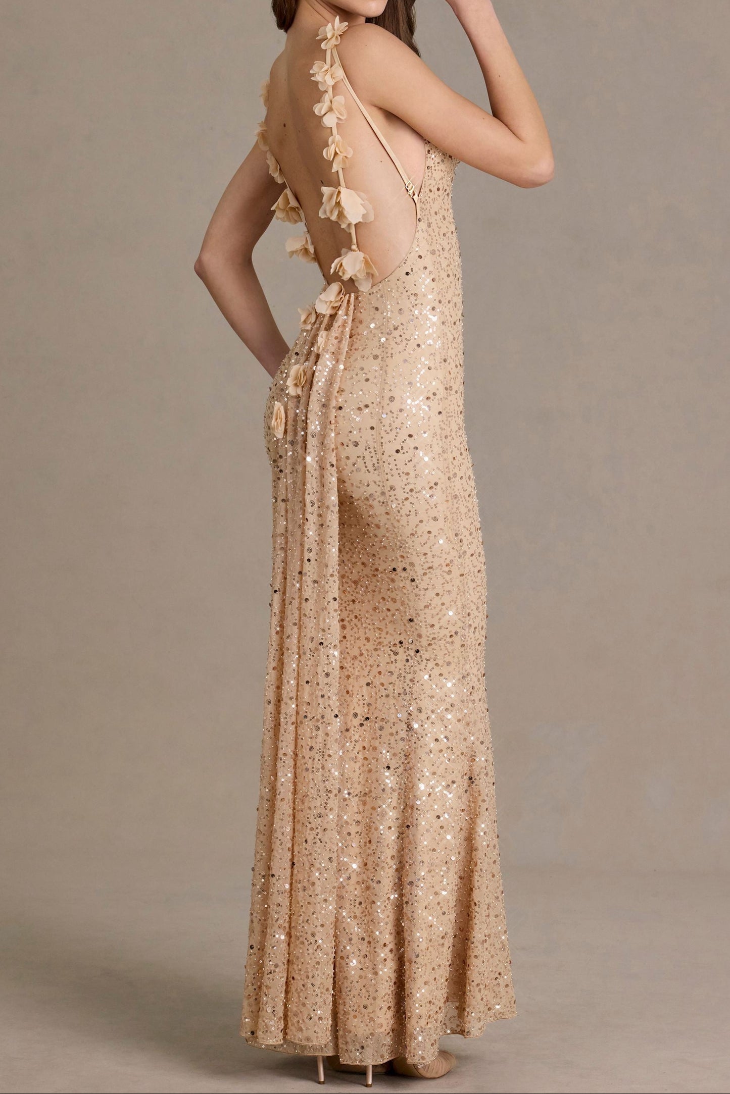 Champagne Gold Sequin Embroidered Backless Mermaid Evening Gown