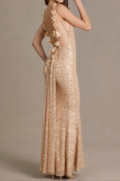 Champagne Gold Sequin Embroidered Backless Mermaid Evening Gown