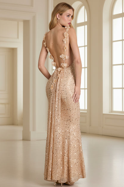 Champagne Gold Sequin Embroidered Backless Mermaid Evening Gown
