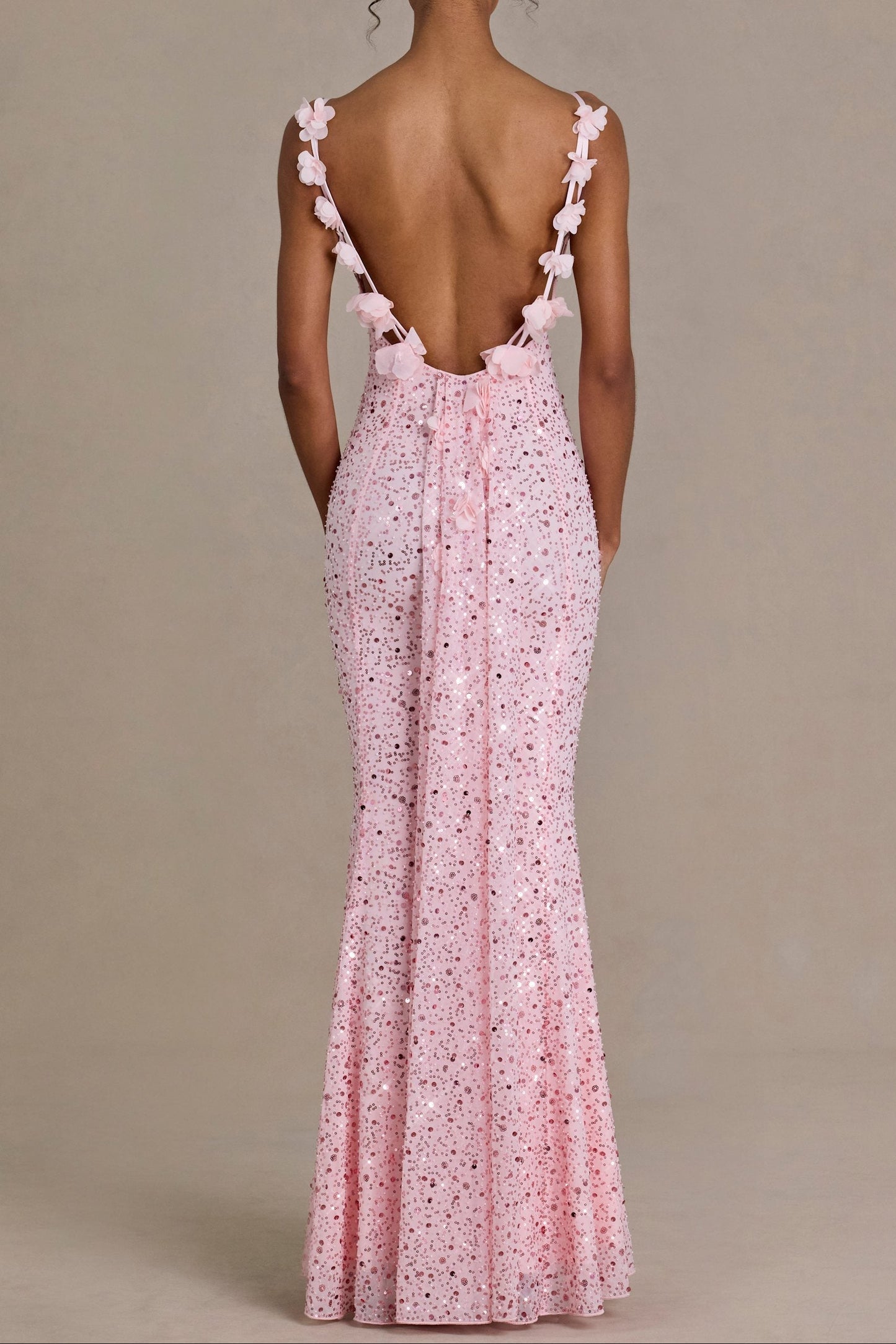 Blush Pink Sequin Mermaid Gown with Cowl Neck and Spaghetti Straps
