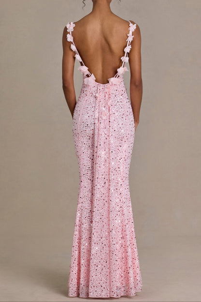 Blush Pink Sequin Mermaid Gown with Cowl Neck and Spaghetti Straps