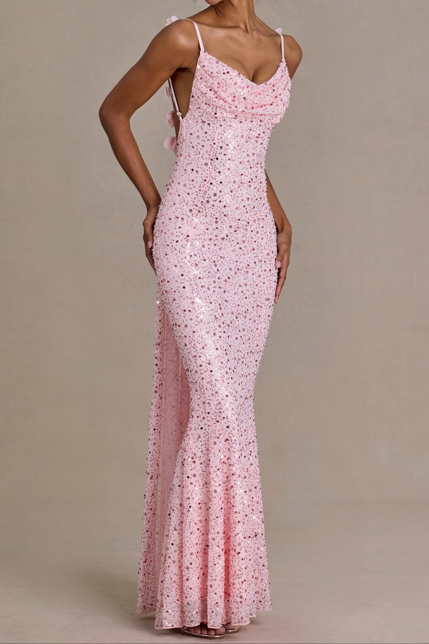 Blush Pink Sequin Mermaid Gown with Cowl Neck and Spaghetti Straps