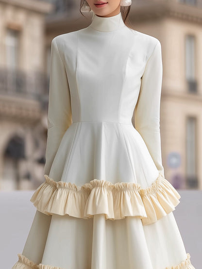 Tiered Ruffle Midi Dress With High-Neck Silhouette