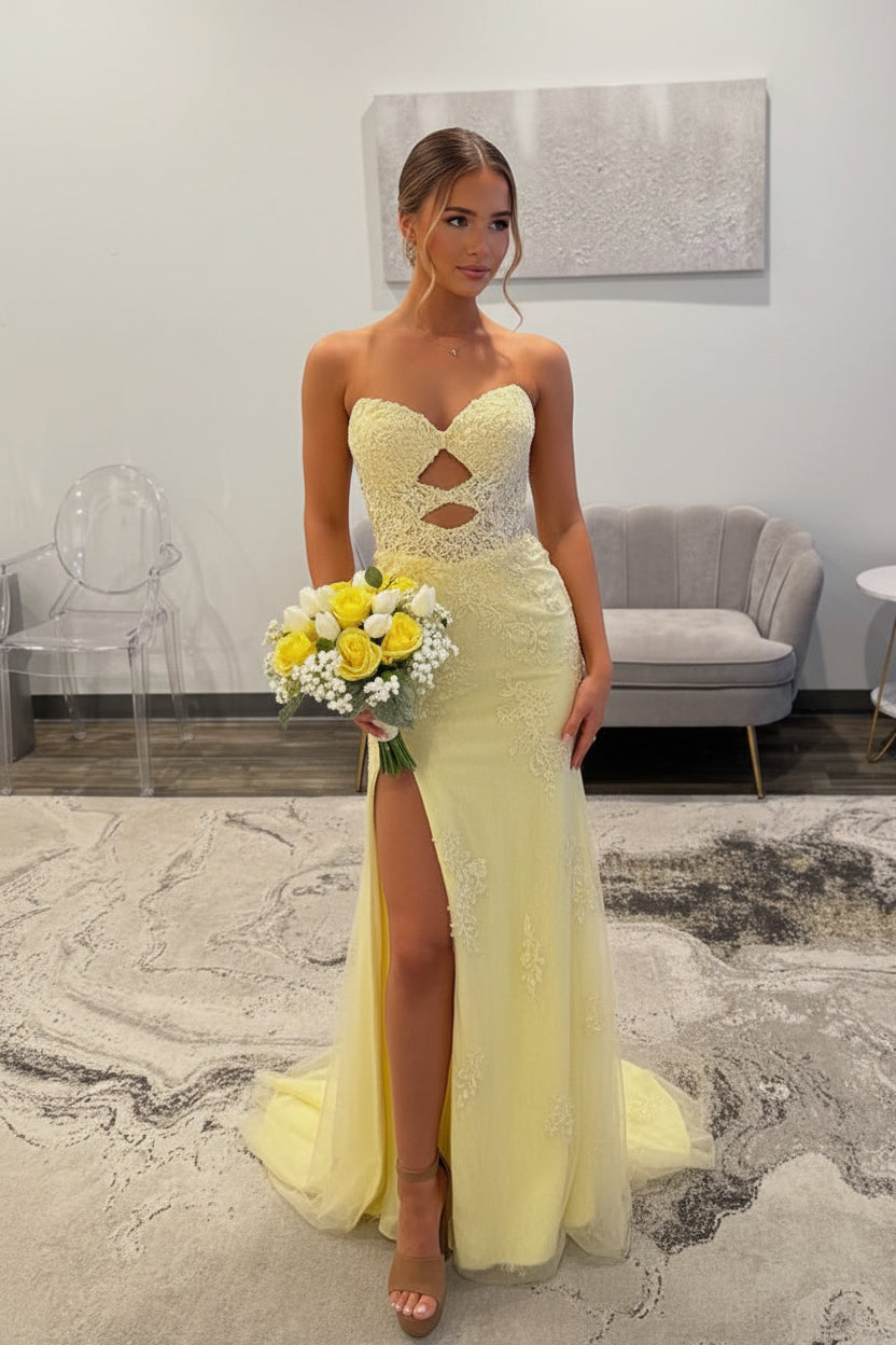 Chamring Mermaid Sweetheart Keyhole Daffodil Lace Prom Dress with Slit