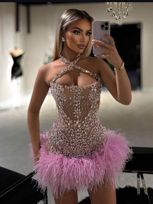 Luxurious Sheath Halter Neck Pink Short Homecoming Dress with Beading Feather