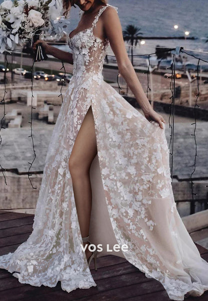 A-Line Spaghetti Straps Sweetheart Appliques Lace Wedding Dresses with Sweep Train