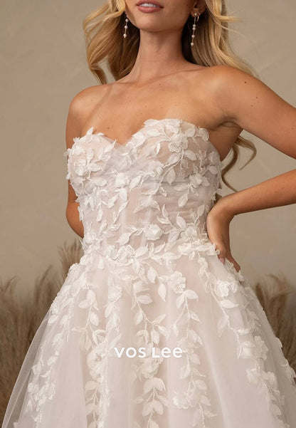 A-Line Strapless Sweetheart Appliques Embellished Wedding Dresses with Court Train
