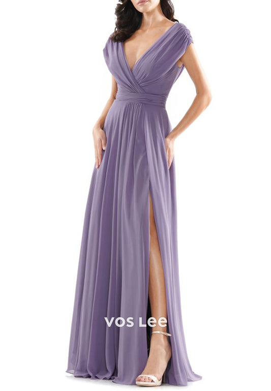 A-Line Cap Sleeves V Neck Pleated Mother of Bride Dresses with High Split