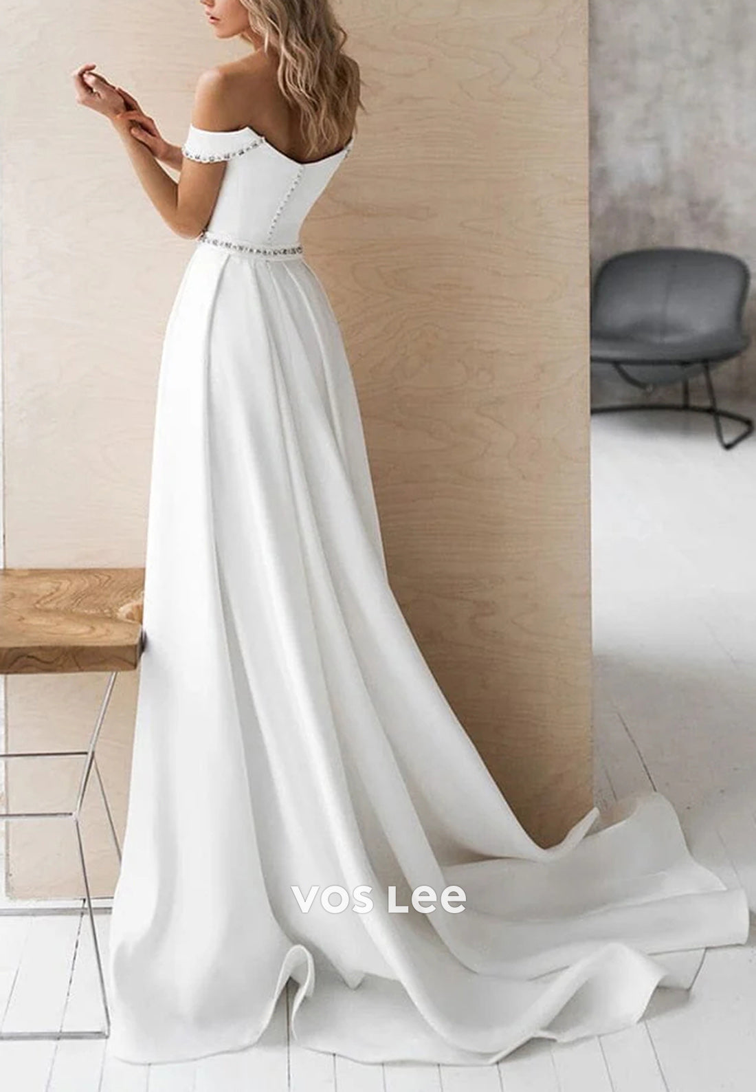 Glamorous & Dramatic A-Line Off the Shoulder Rhinestone Wedding Dresses with Pockets