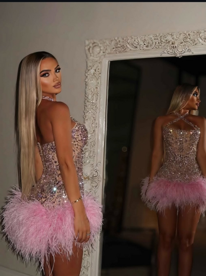 Luxurious Sheath Halter Neck Pink Short Homecoming Dress with Beading Feather