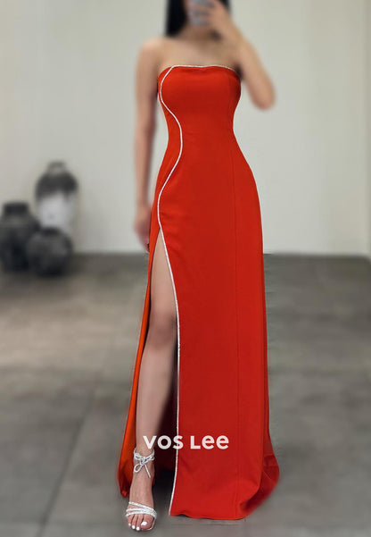 Simple & Casual Strapless Rhinestone Floor-Length Mermaid Evening Dresses with High Split