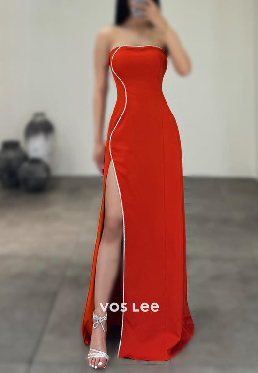 Simple & Casual Strapless Rhinestone Floor-Length Mermaid Evening Dresses with High Split