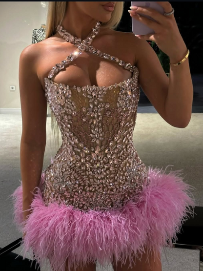 Luxurious Sheath Halter Neck Pink Short Homecoming Dress with Beading Feather