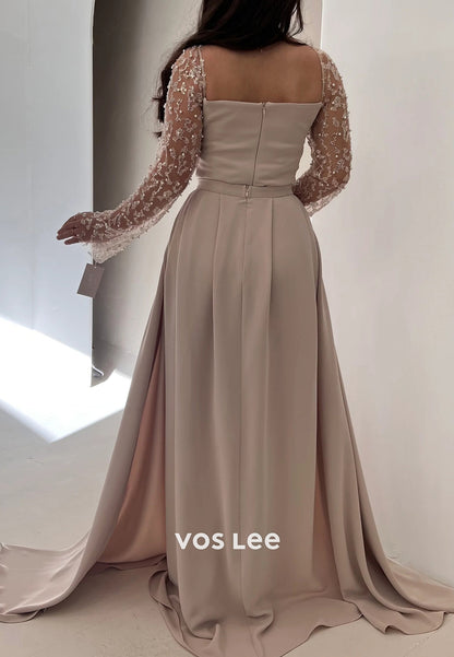 Classic Long Sleeve Square Beaded Pleated Mermaid Evening Dresses with Court Train