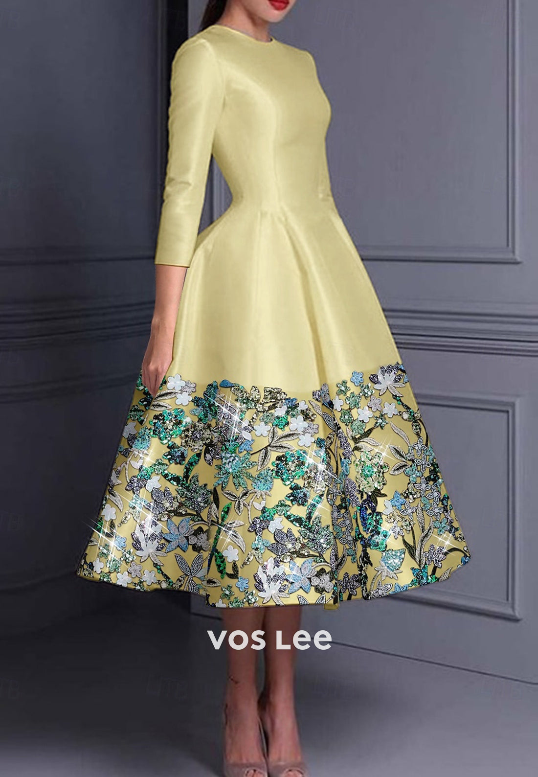 Couture & Ornate  A-Line Scoop 3/4 Sleeve Appliques Pleated Evening Dresses