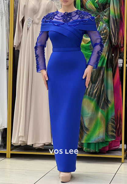 Long Sleeve Illusion Neck Beaded Embellished Ankle-Length Mermaid Evening Dresses