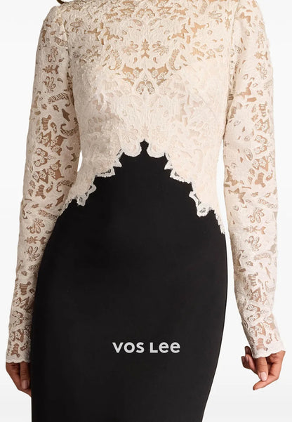 Long Sleeve Illusion Neck Appliques Lace Mermaid Evening Dresses with Sweep Train