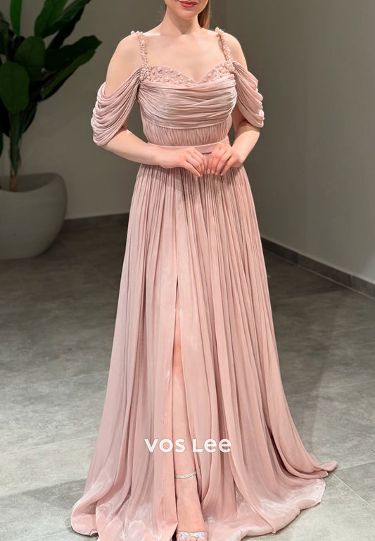 A-Line Spaghetti Straps V Neck Beaded Pleated Prom Dresses with Side Split