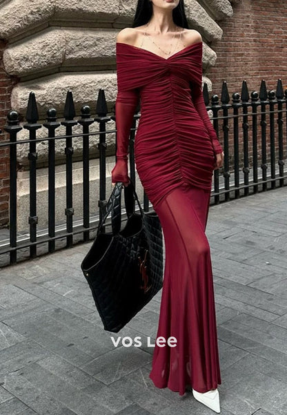 Sexy & Hot Long Sleeve Off the Shoulder Pleated Floor-Length Mermaid Evening Dresses