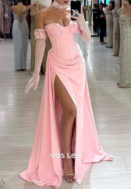 Strapless Sweetheart Pleated Mermaid Prom Dresses with Sweep Train
