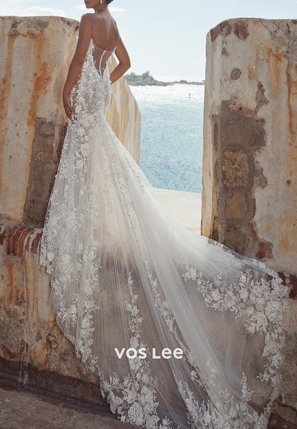 Detachable Long Sleeve Sweetheart Lace Appliques Mermaid Wedding Dresses with Court Train