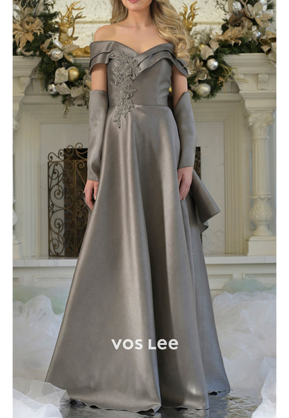 A-Line Off the Shoulder Beaded Floor-Length Mother of Bride Dresses