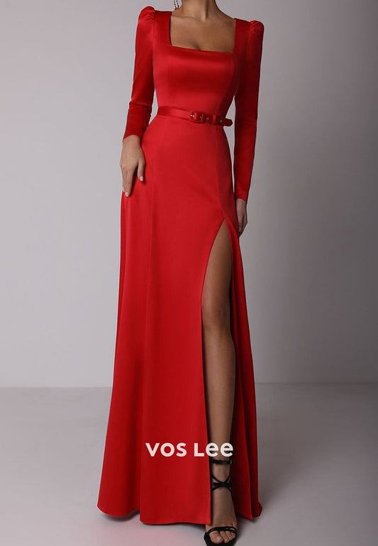 Long Sleeve Square Floor-Length Pleated Sheath Evening Dresses with High Split