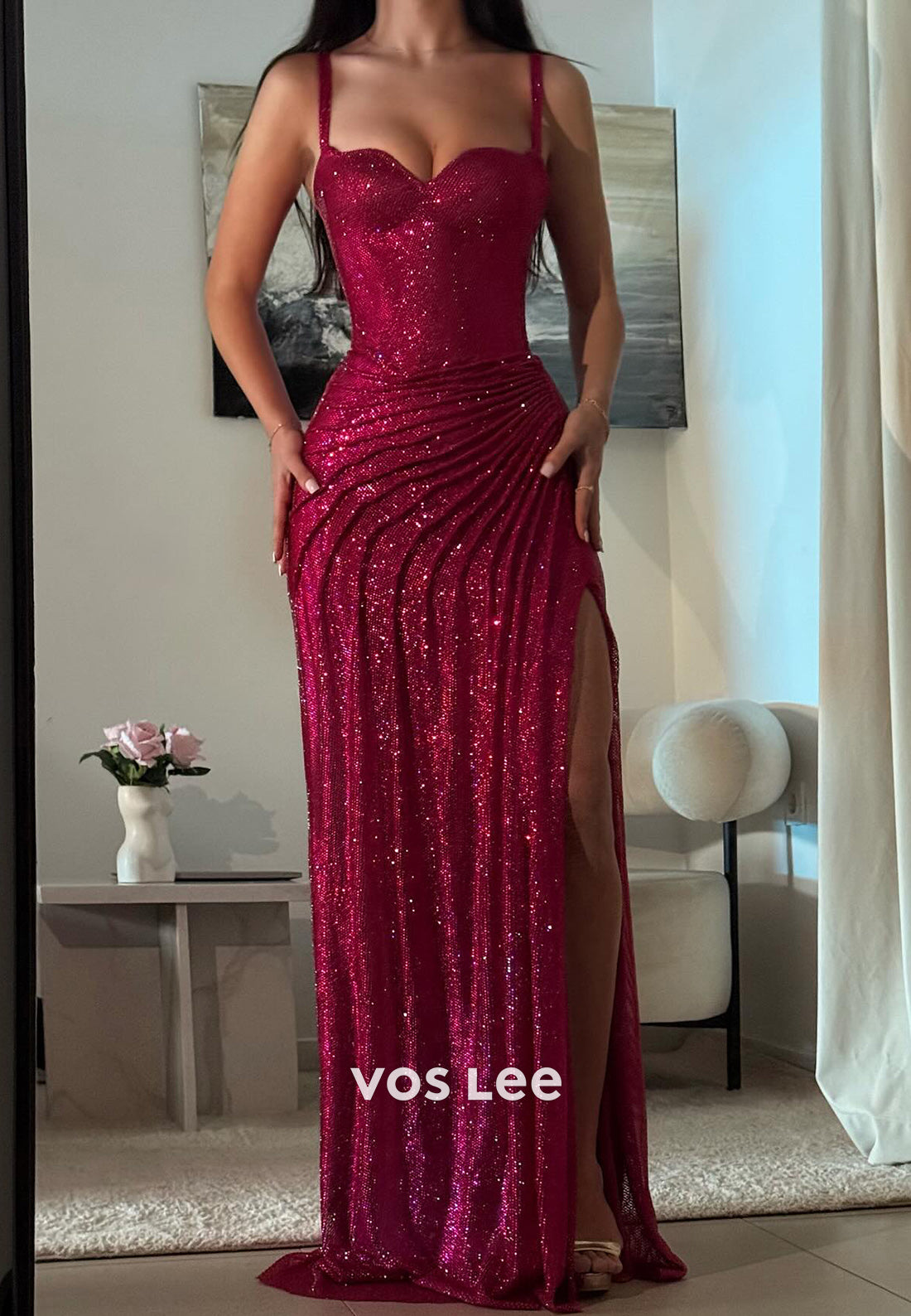 Elegant & Luxurious Spaghetti Straps Pleated Mermaid Evening Dresses with High Spilt