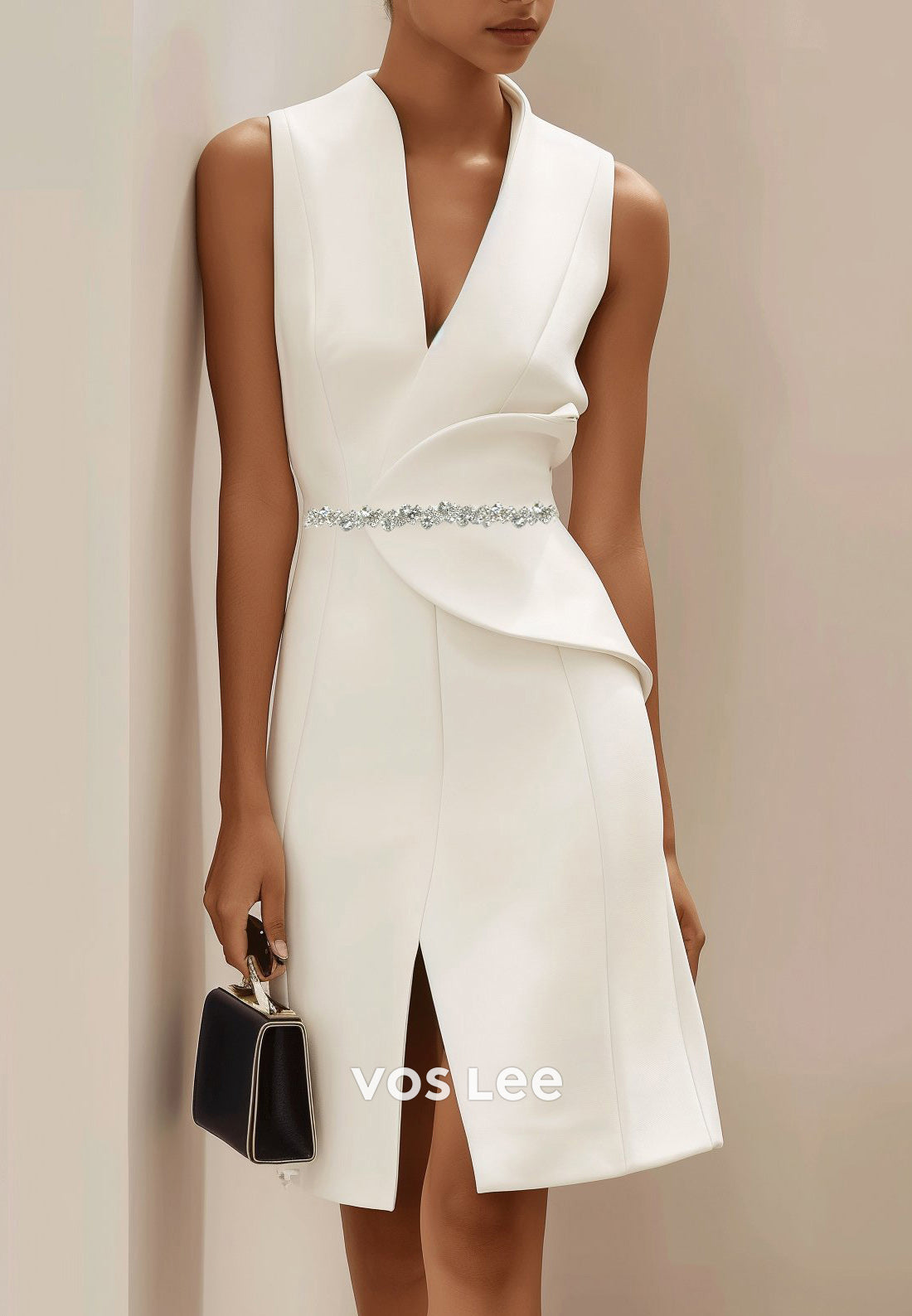 Sparkling Short V Neck Rhinestone Ruched Sheath Wedding Guest Dresses with Split