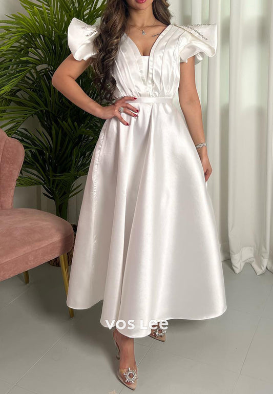 A-Line V Neck Ankle-Length Rhinestone Beaded  Evening Dresses Party Dresses