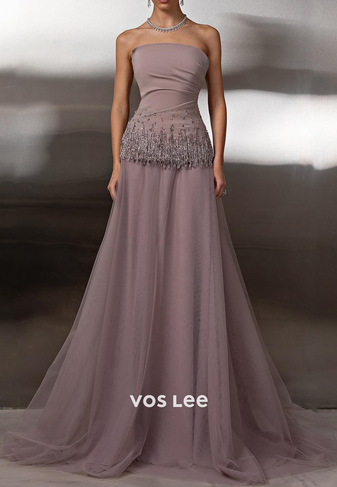 A-Line Strapless Bead-Fringed Tulle Prom Dresses with Sweep Train