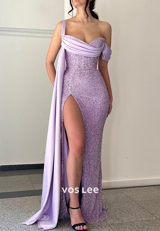 Sexy Asymmetrical Neck Fully Sequined Pleated Mermaid Evening Dresses Prom Dresses
