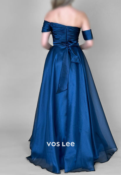 Classic A-Line One Shoulder Beading Pleated Split Evening Dresses with Sweep Train