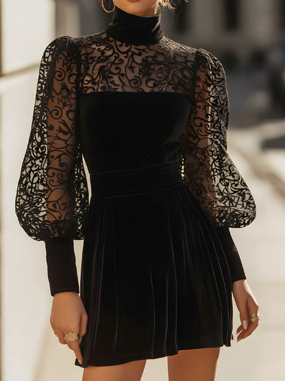 Velvet Mini Dress With Sheer Embroidered Sleeves