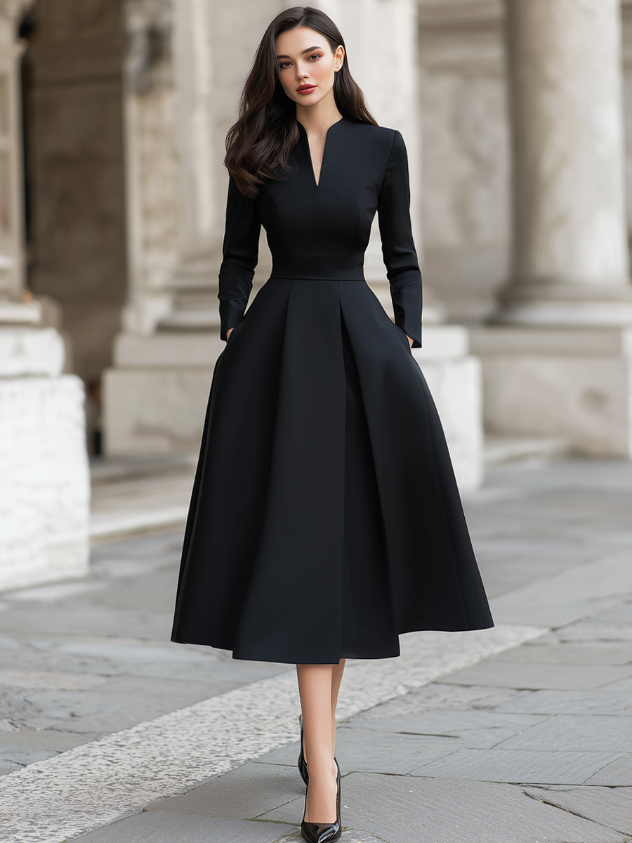 Elegant Structured V-Neck Midi Dress