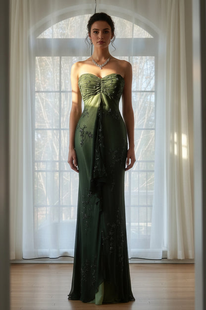 Green Spaghetti Straps Long Prom Dresses Glitter Beaded Elegant Party Dresses