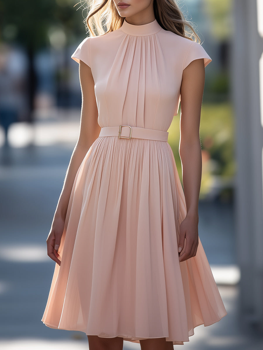 Blush Belted Midi Dress with Cap Sleeves Wedding Guest Dresses