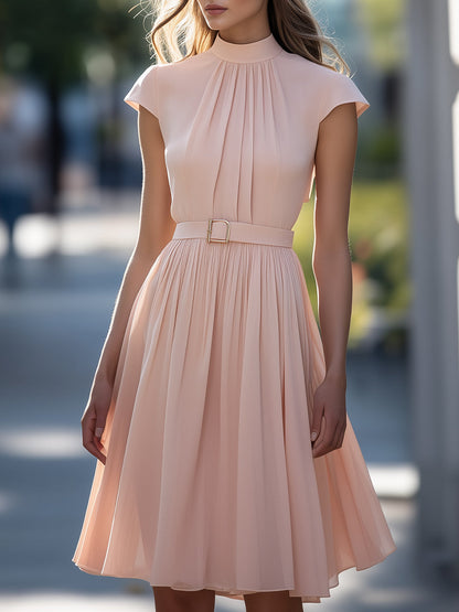 Blush Belted Midi Dress with Cap Sleeves Wedding Guest Dresses