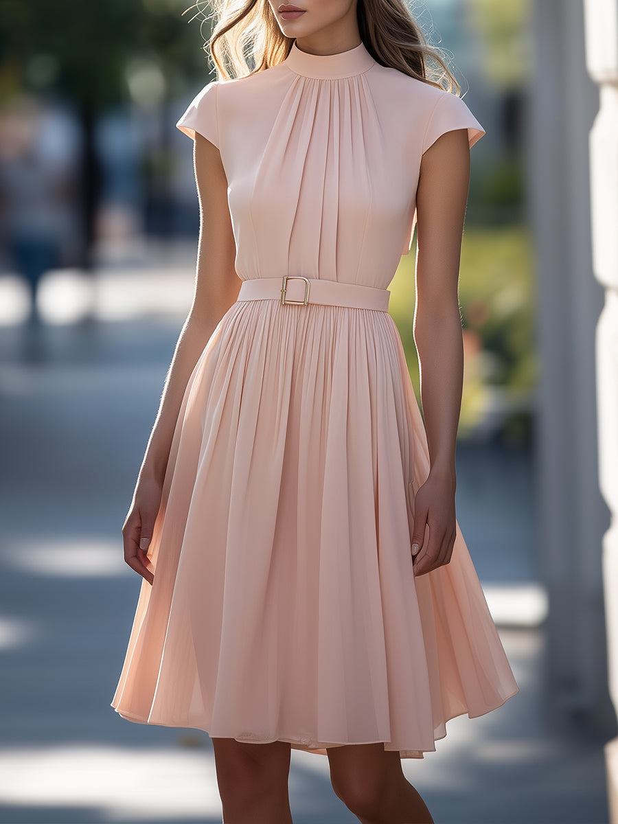 Blush Belted Midi Dress with Cap Sleeves Wedding Guest Dresses