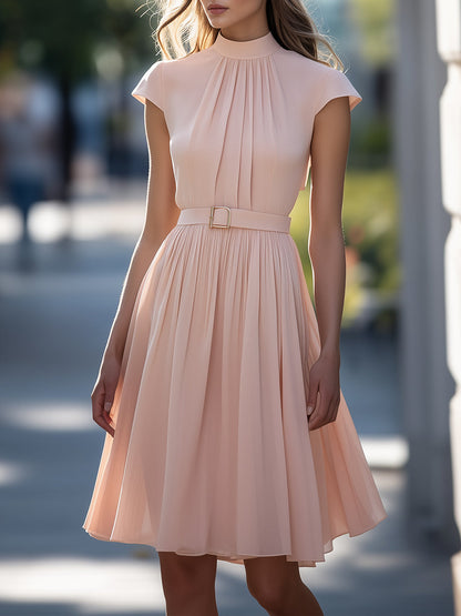 Blush Belted Midi Dress with Cap Sleeves Wedding Guest Dresses