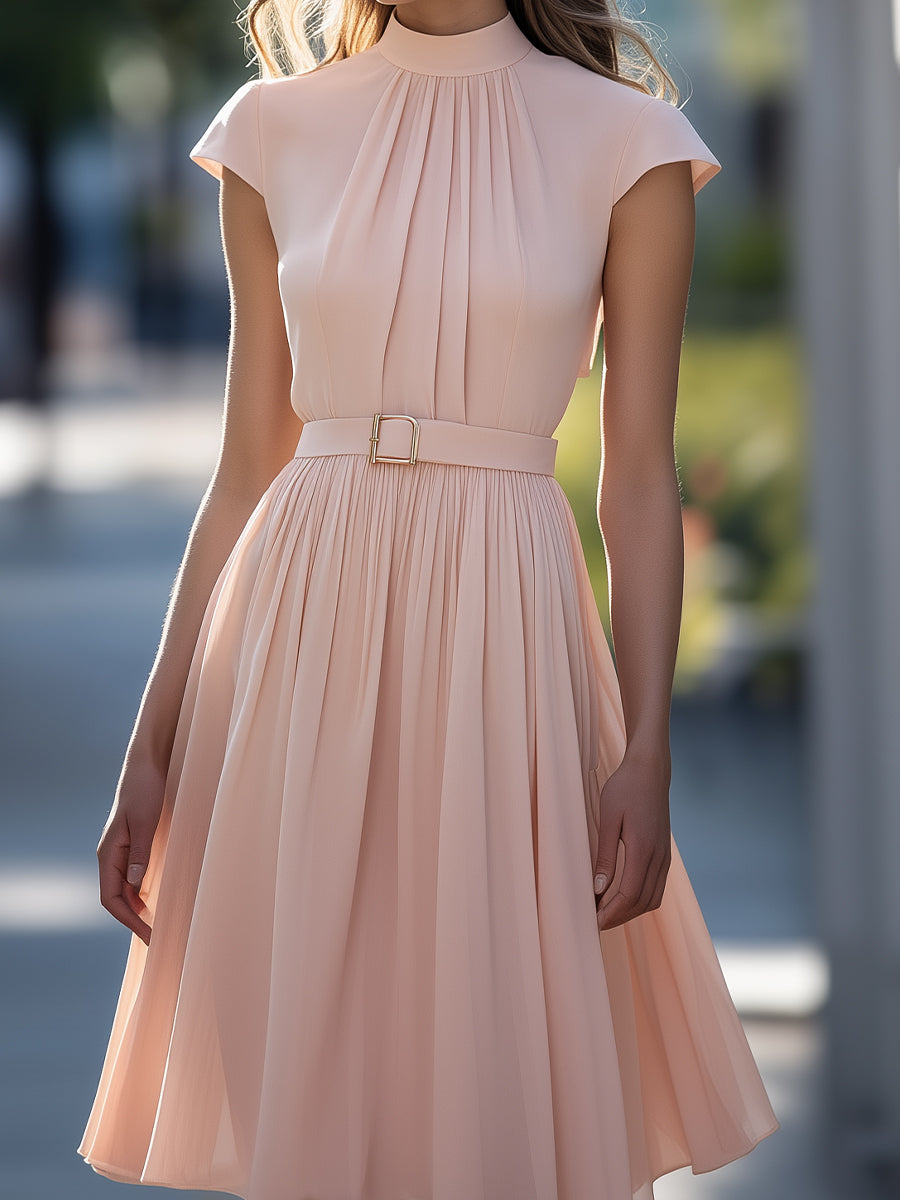 Blush Belted Midi Dress with Cap Sleeves Wedding Guest Dresses